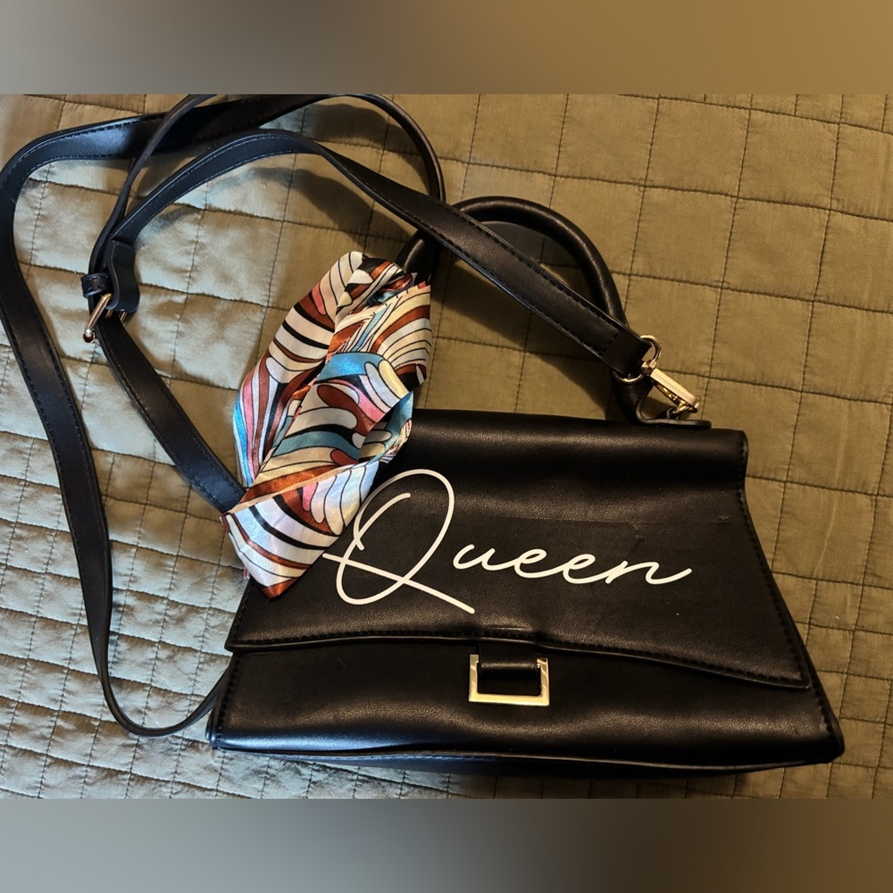 Black Queen Handbag with Scarf Accent